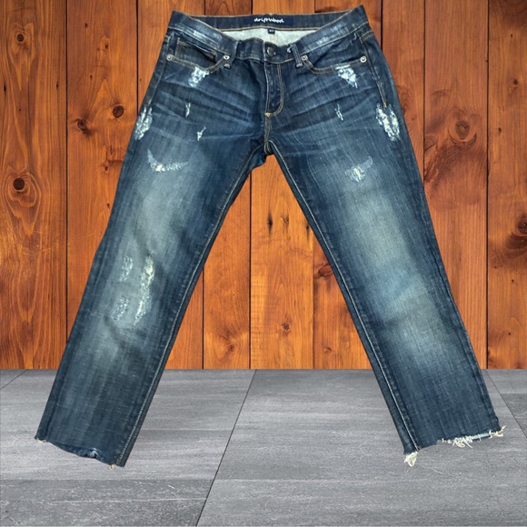 DRIFTWOOD Denim - Driftwood Womens Distressed Raw Hem Straight Leg Jeans Dark Wash Size 27
